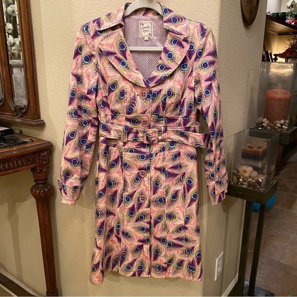 Vintage NANETTE LEPORE Women Colorful Peacock Feather Print Trench Coat Size 4